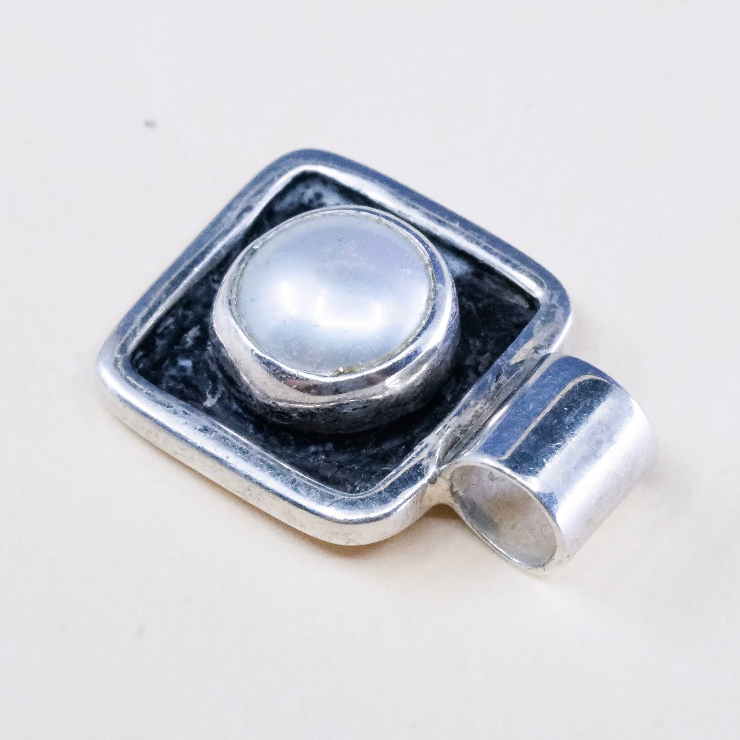 Vintage Mika handmade sterling 925 silver Square pendant with pearl