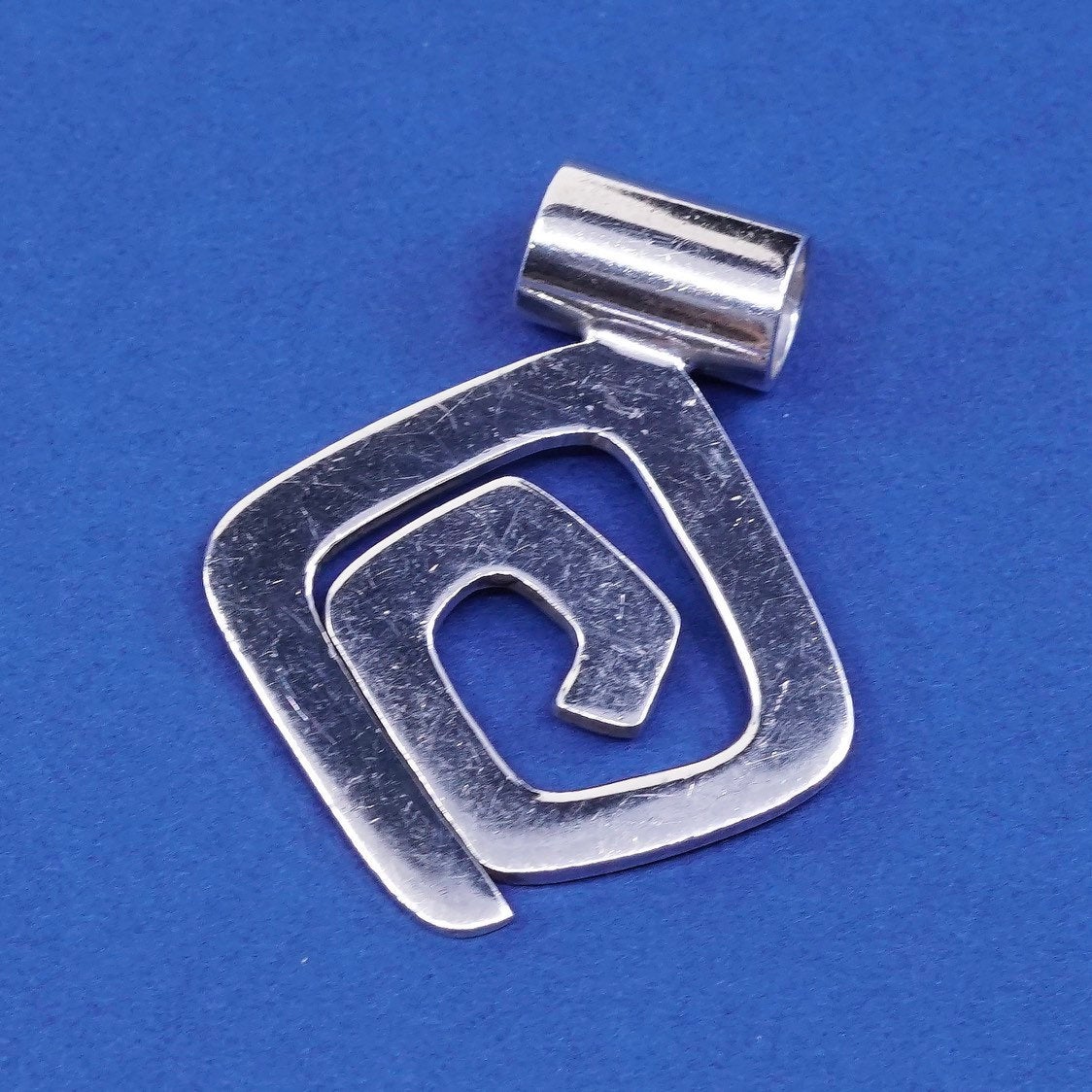 vtg sterling silver handmade pendant, 925 modern swirl square charm