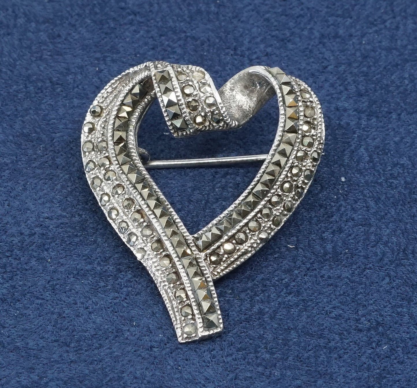 vtg sterling silver handmade brooch, solid oxidized 925 heart pin marcasite