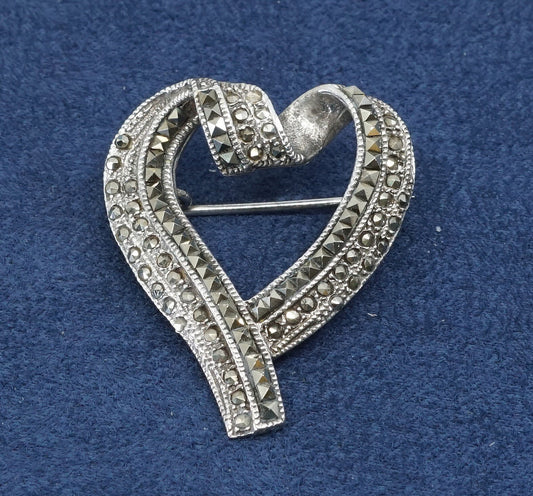 vtg sterling silver handmade brooch, solid oxidized 925 heart pin marcasite