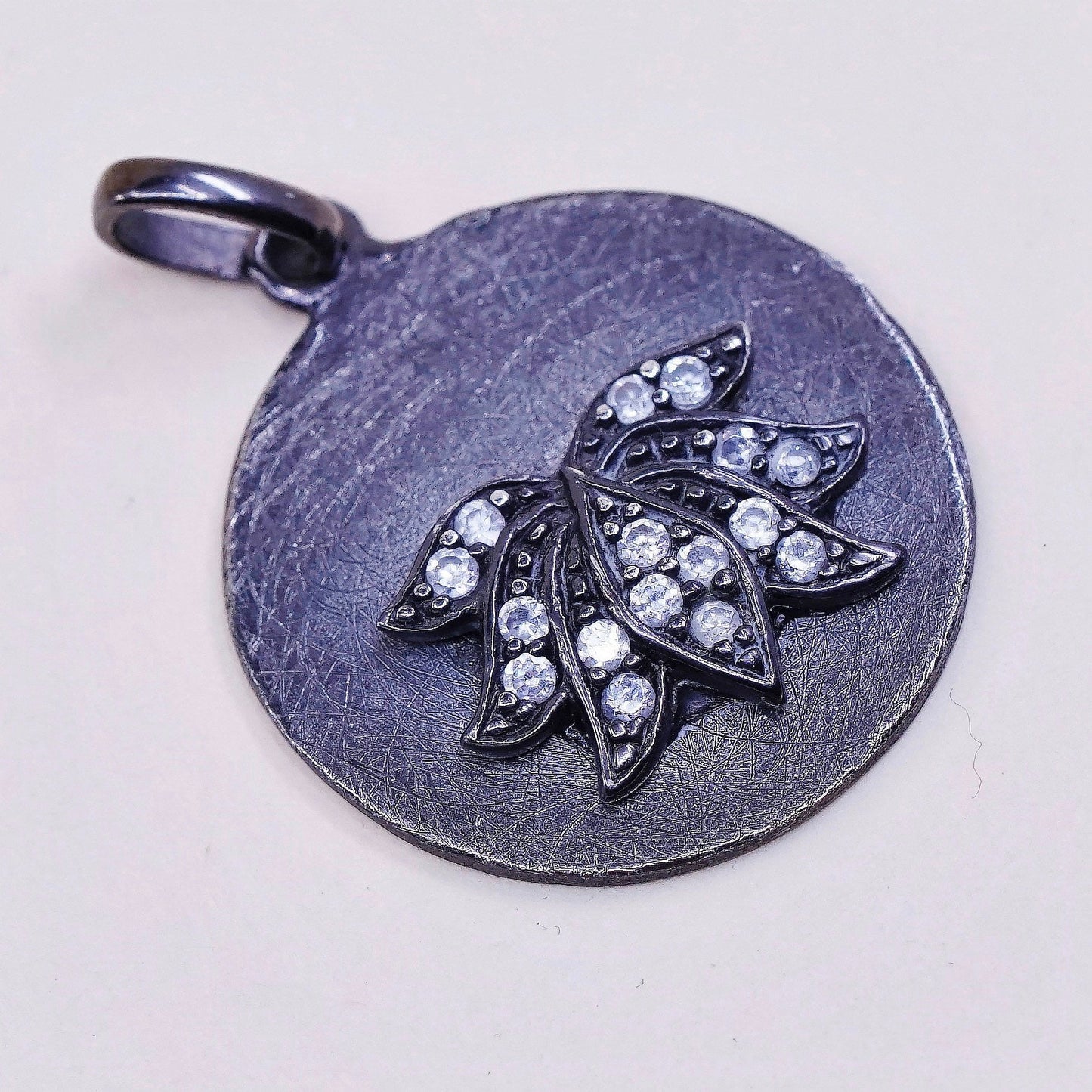 Vintage sterling silver handmade pendant, 925 tag charm with flower Cz