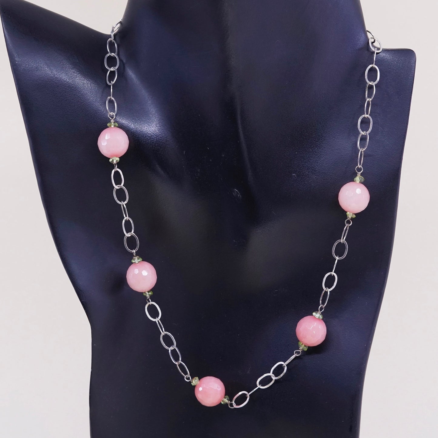 18”, sterling silver necklace, 925 flatten circle chain w/ rose pink quartz