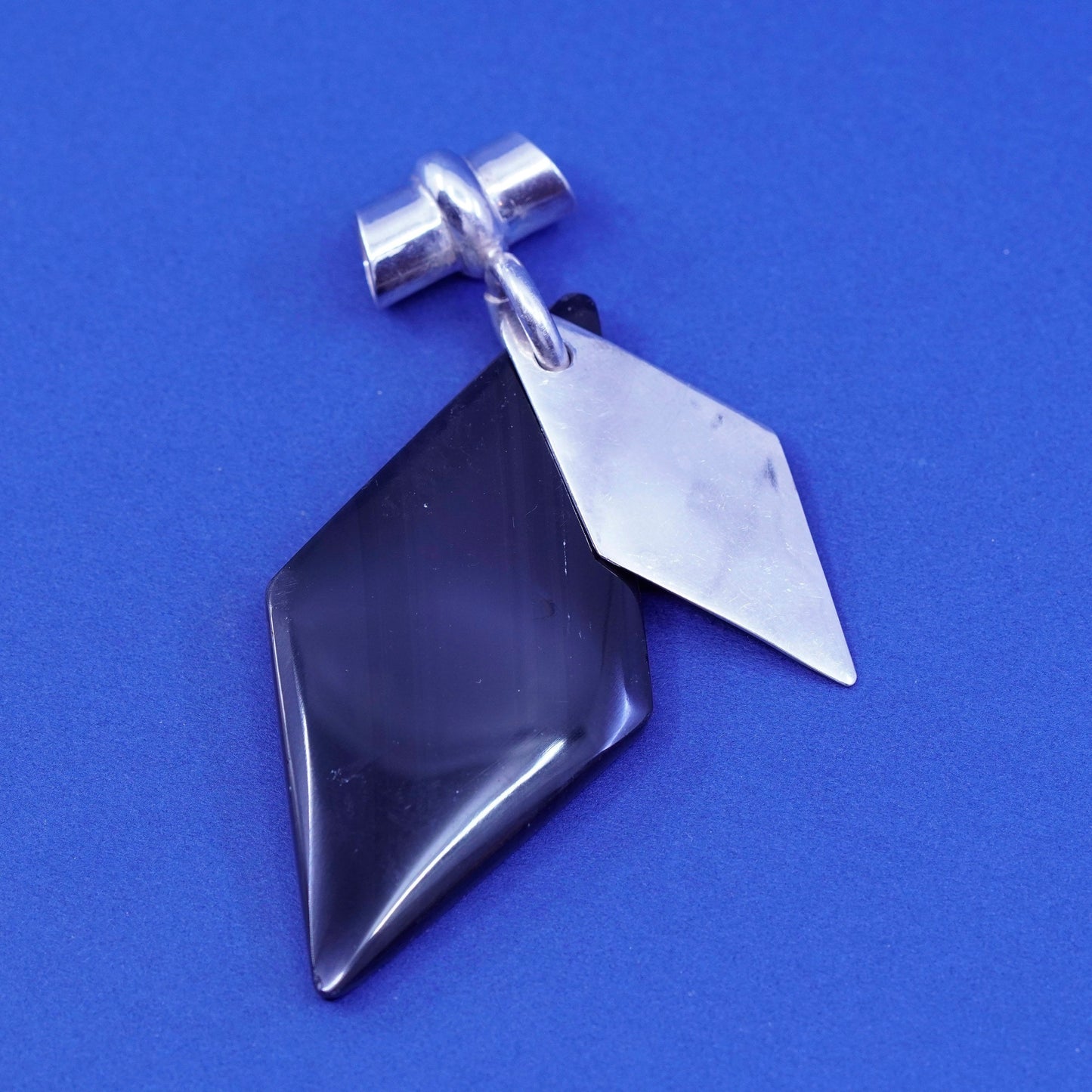 Vintage Sterling 925 silver handmade slide pendant with diamond shaped obsidian