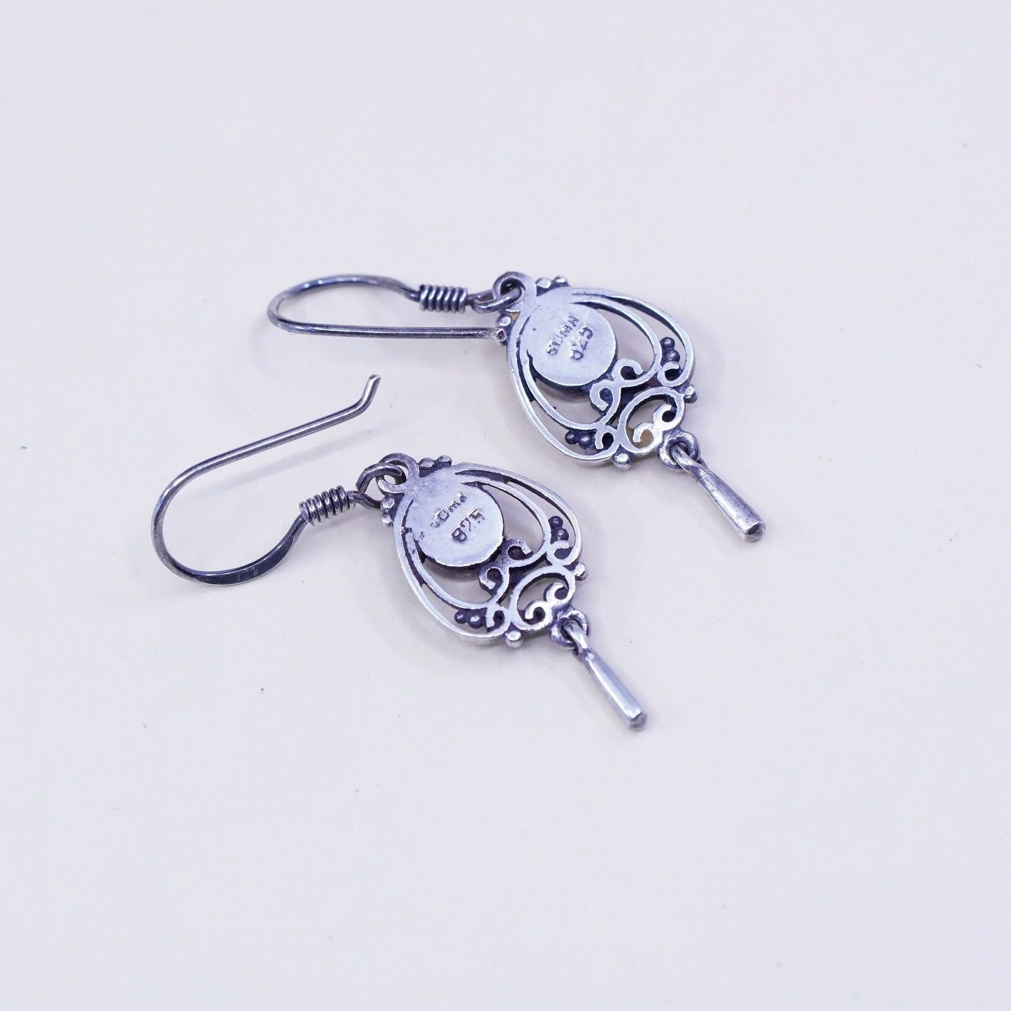 Boma sterling silver handmade earrings, 925 filigree dangles w/ white MOP