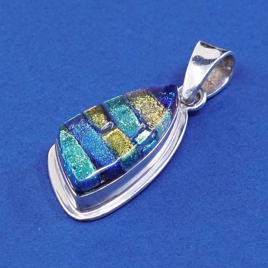 vtg sterling silver handmade pendant, 925 w/ dichroic glass N leaves