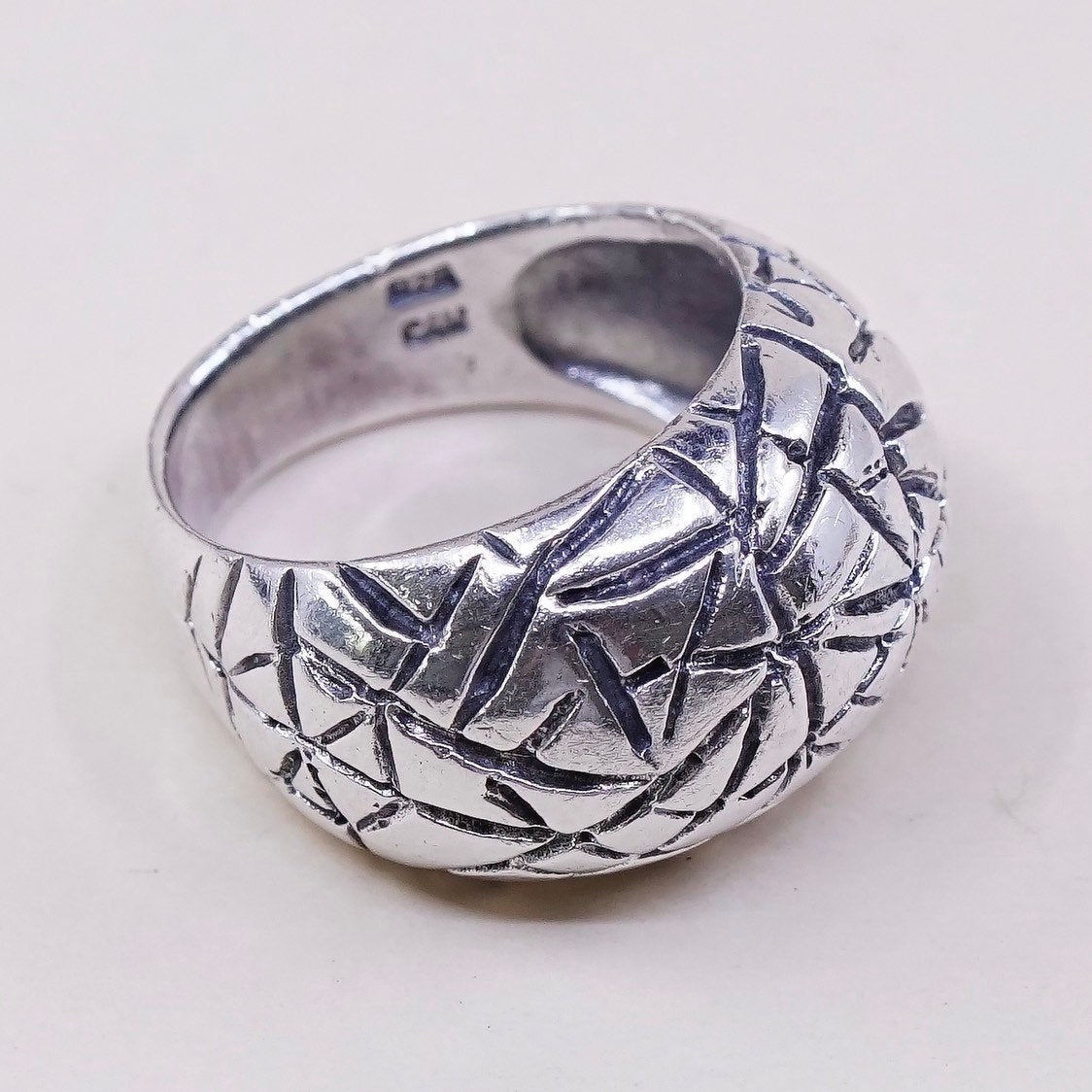 sz 4.75, vtg sterling silver handmade ring, 925 band w/ spiderwebbed textured