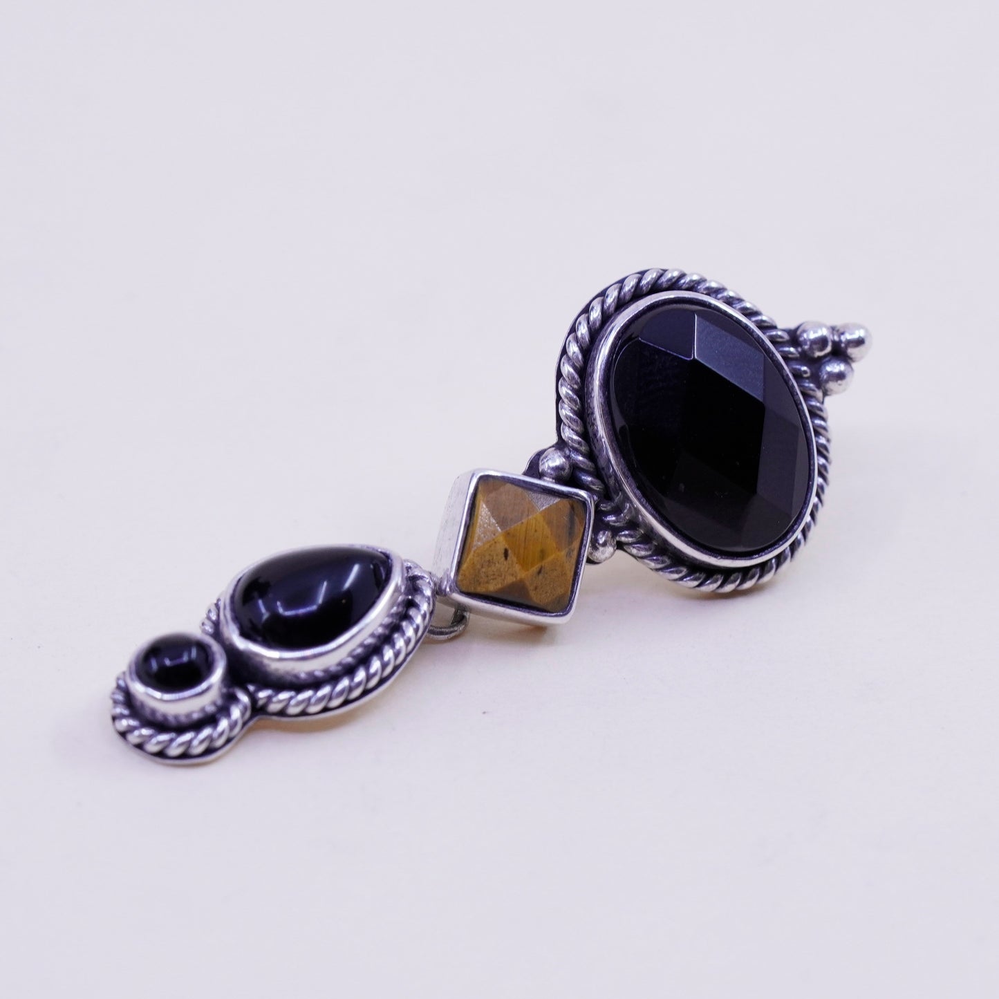 peyote bird sterling 925 silver earrings teardrop obsidian tiger eye and cable