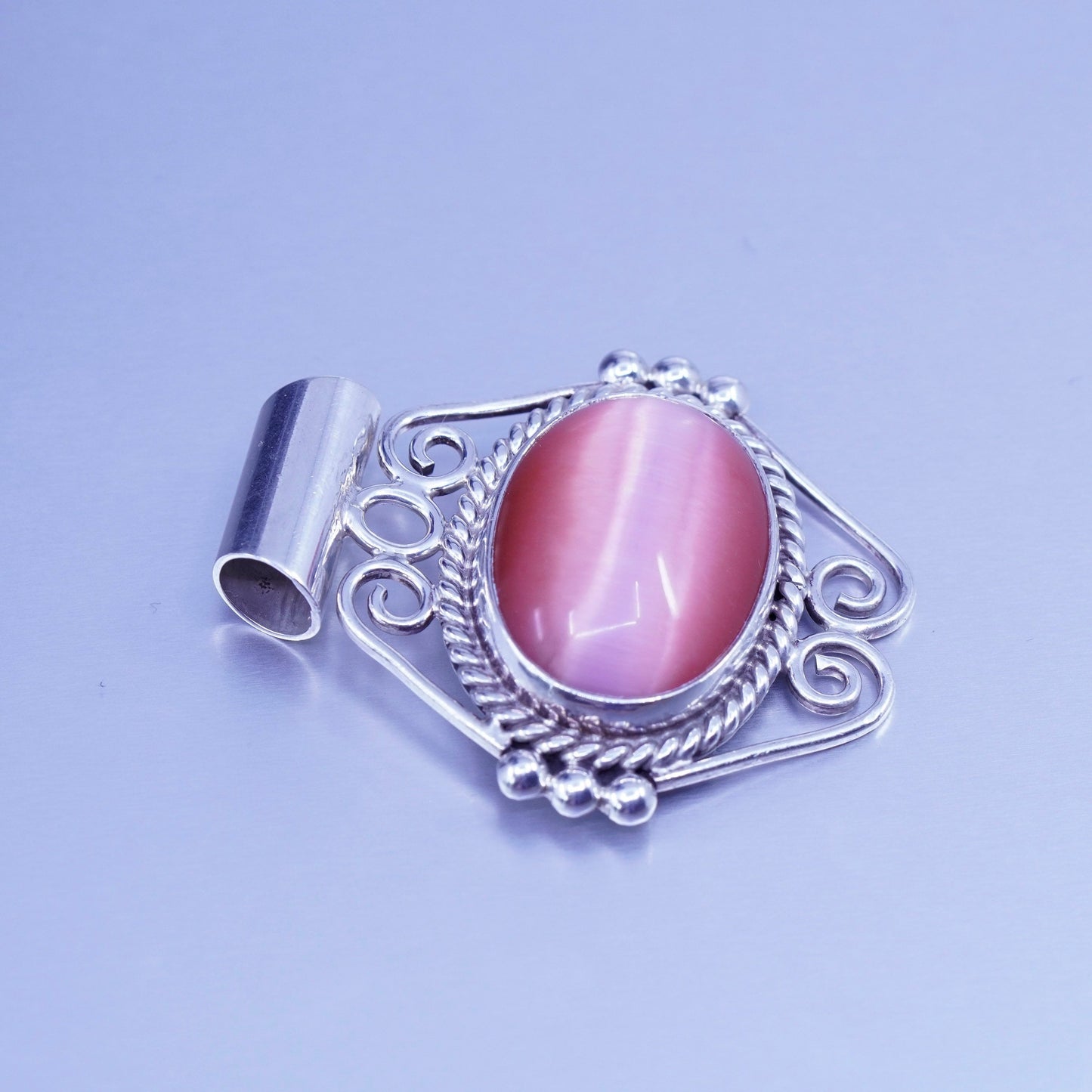 antique sterling 925 silver huge pendant with oval pink cat’s eye