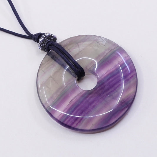 20”, Handmade necklace fluorite circle pendant leather sterling 925 silver