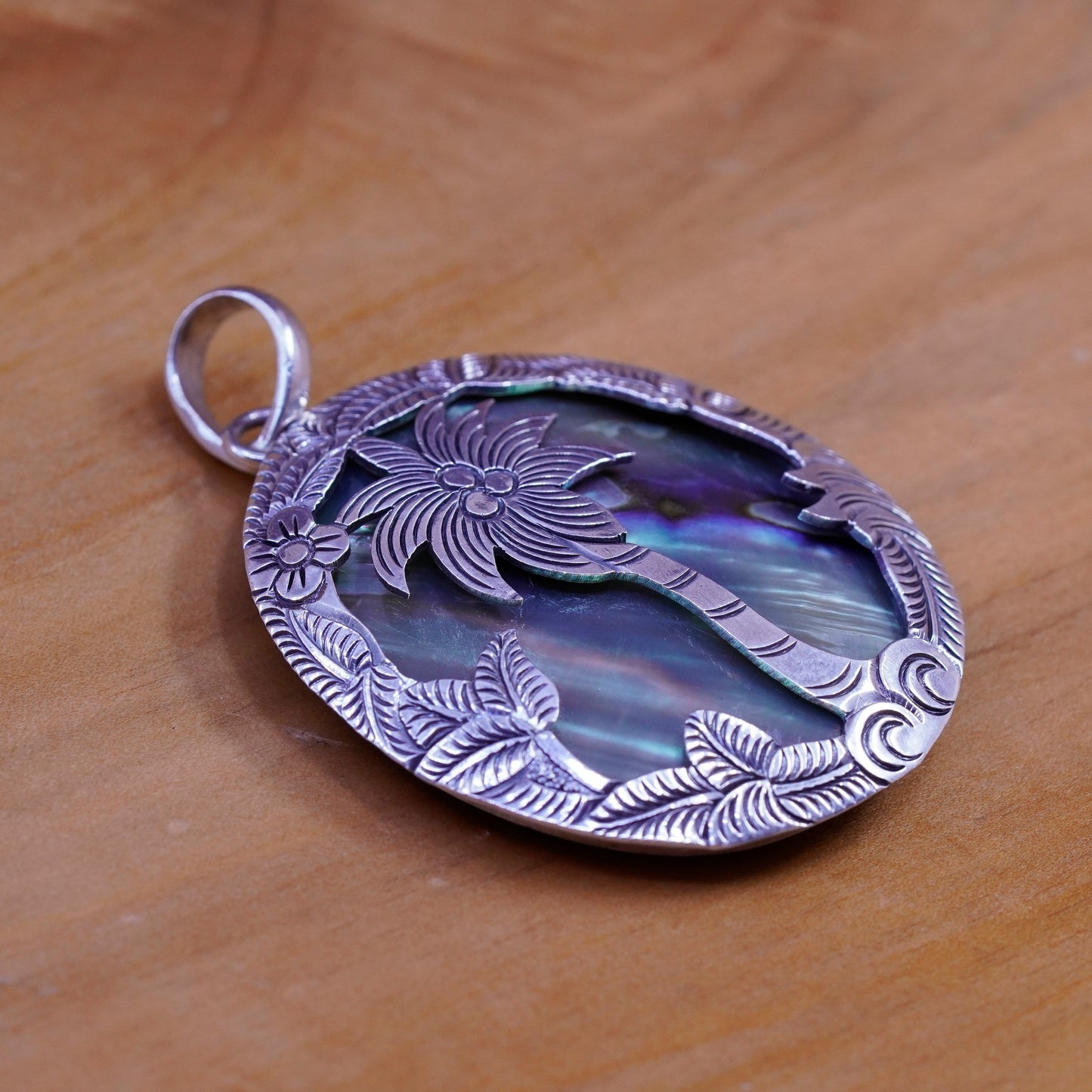 Vintage Sterling 925 silver handmade pendant with oval abalone and Palm tree