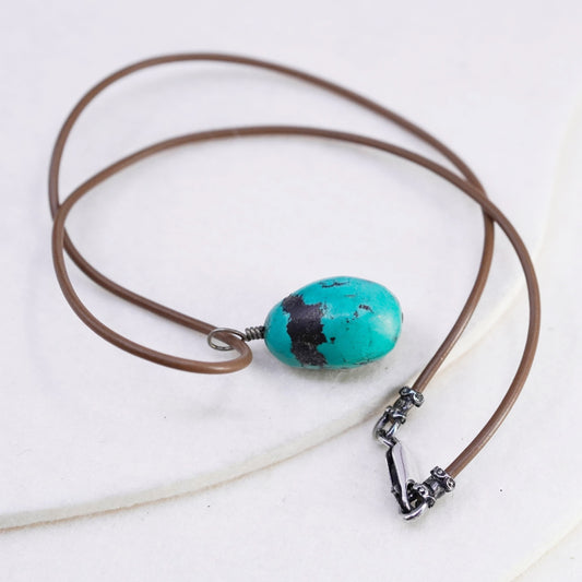 18”, vintage 925 Sterling Silver Handmade brown Leather Necklace oval turquoise