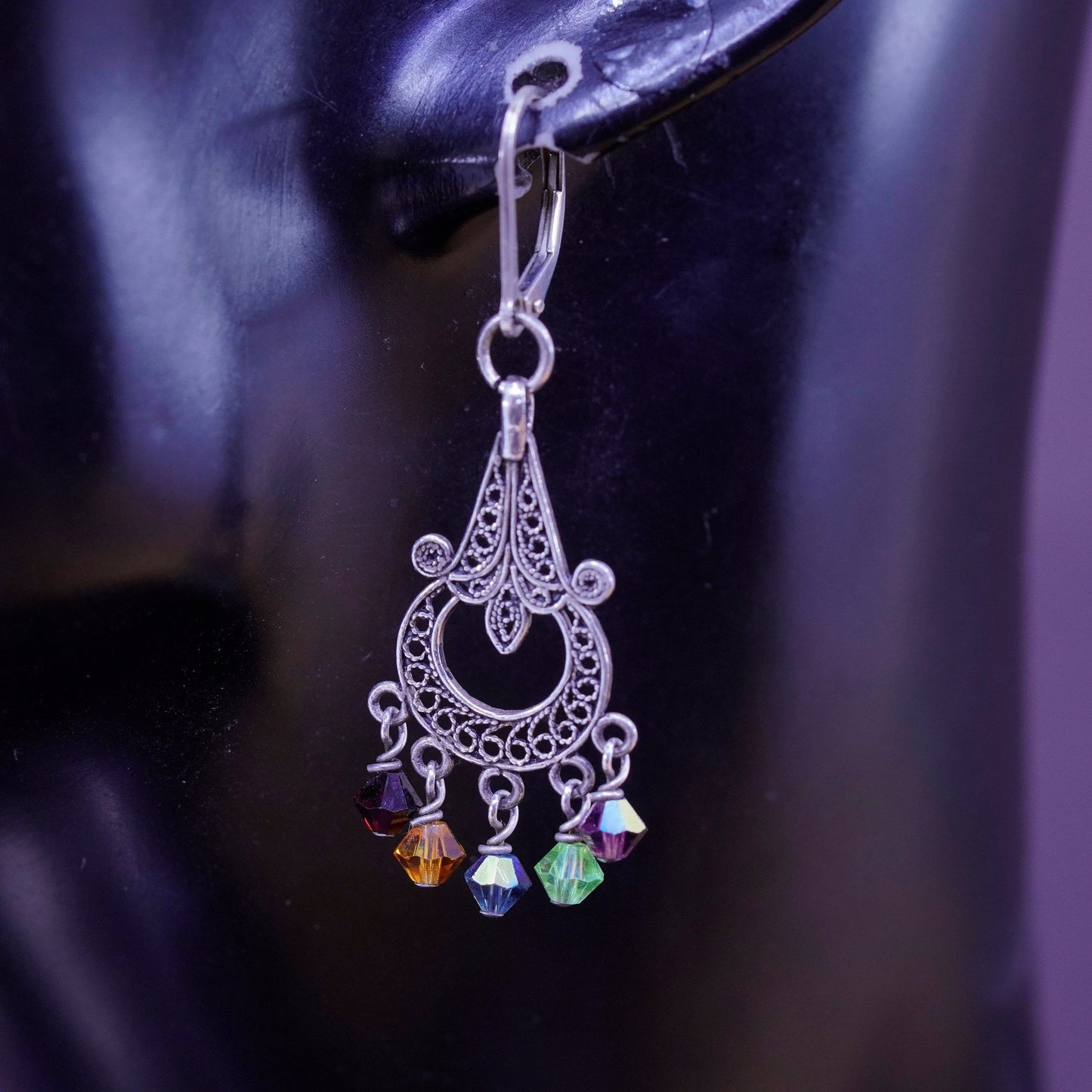Vintage sterling silver handmade earrings, 925 teardrops filigree w/ gemstones