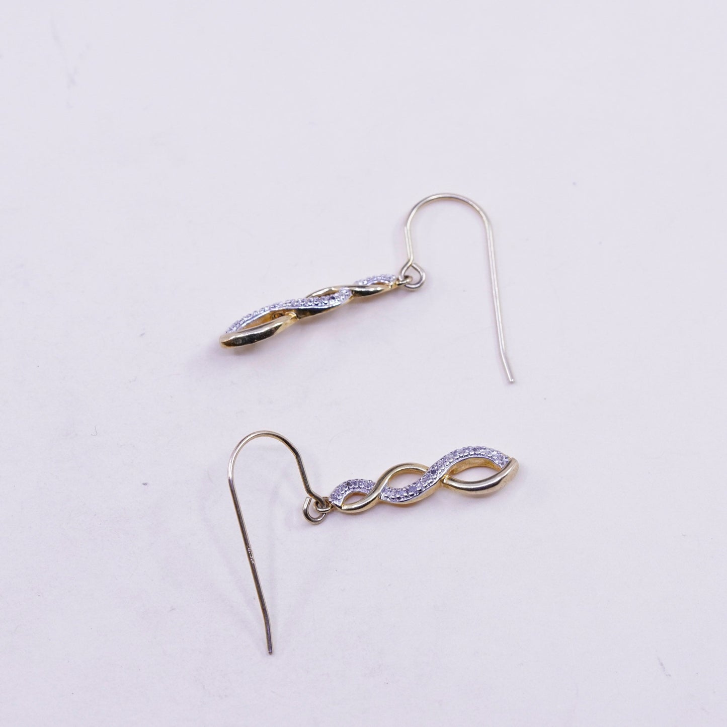 Vintage vermeil gold over sterling silver earrings, 925 twisted dangles diamond