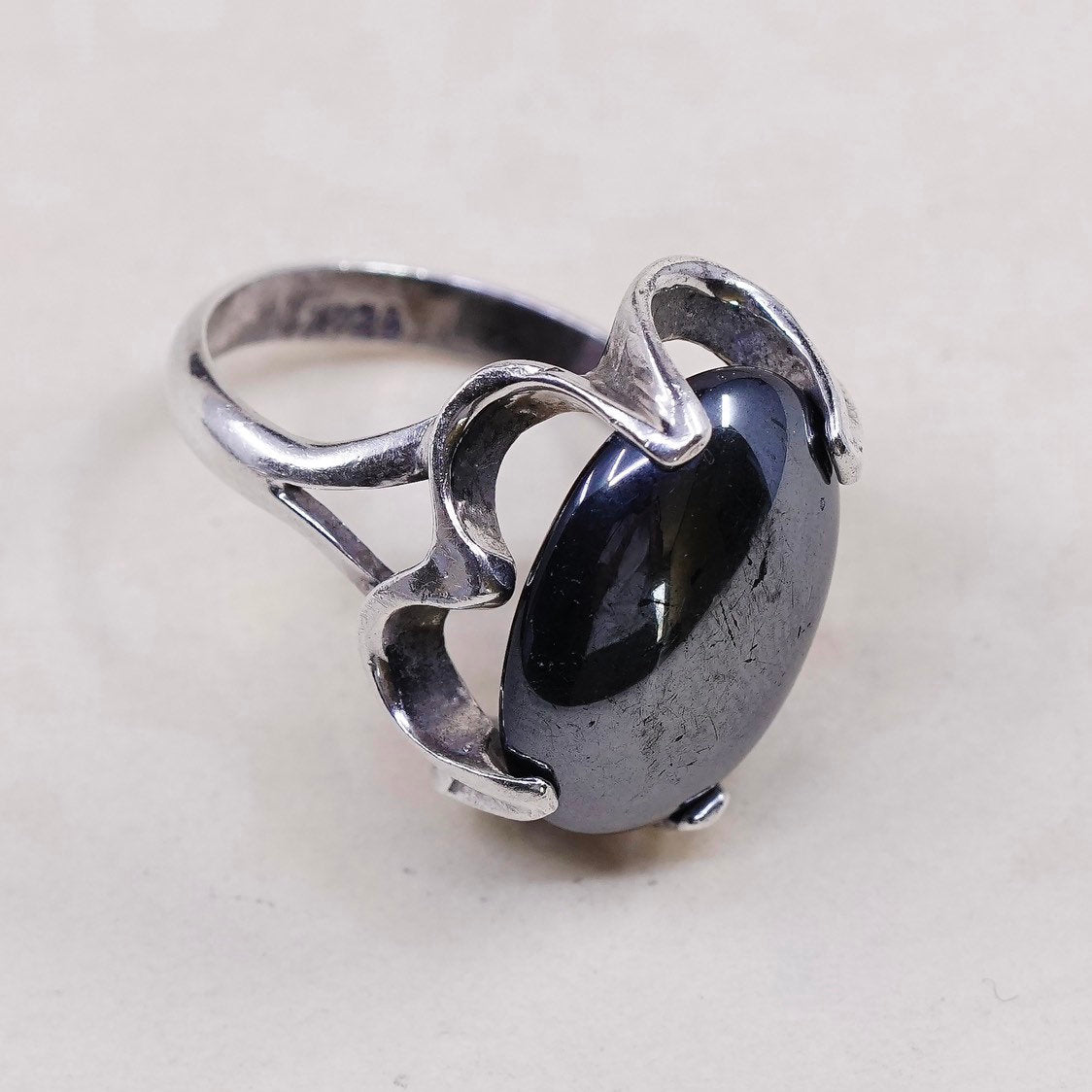 sz 5.75, vtg sterling silver handmade ring, mexico 925 flower w/ hematite bead