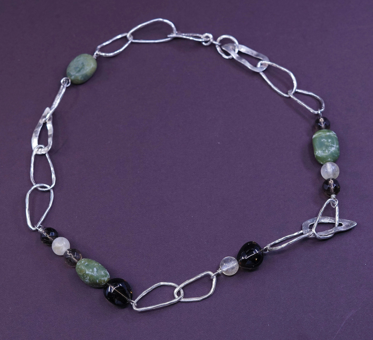 17”, vtg silpada Sterling silver handmade necklace, textured 925 chain w/ jade