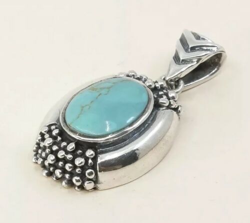 Vtg Sterling Silver Handmade Pendant W/ Oval Shaped Turquoise & Beads Details