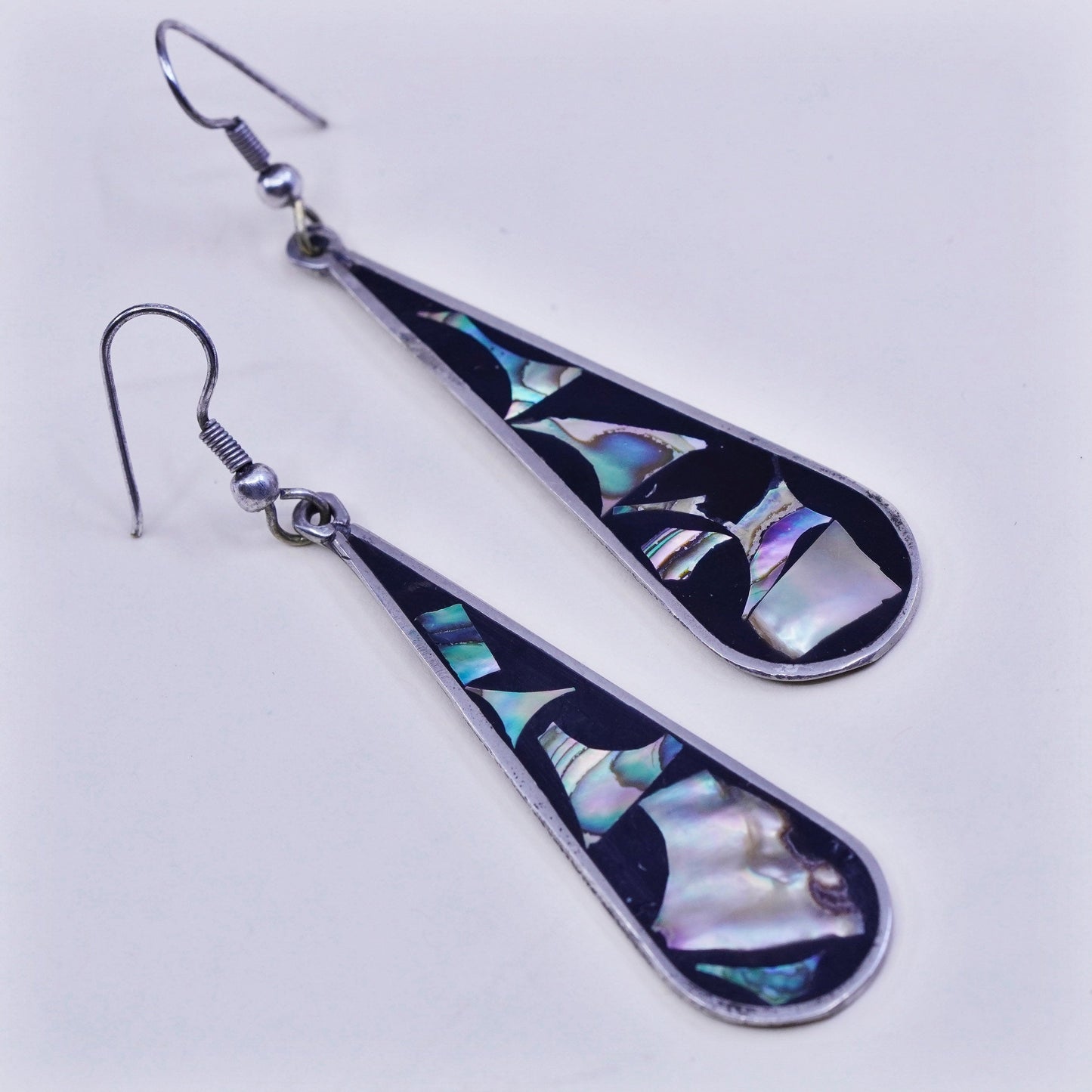 Mexico alpaca silver handmade earrings, teardrop with abalone flower and resin