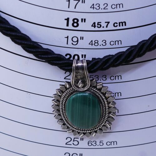 18” Michael dawkins Black Silk Chain W/ Sterling 925 Silver Malachite Necklace