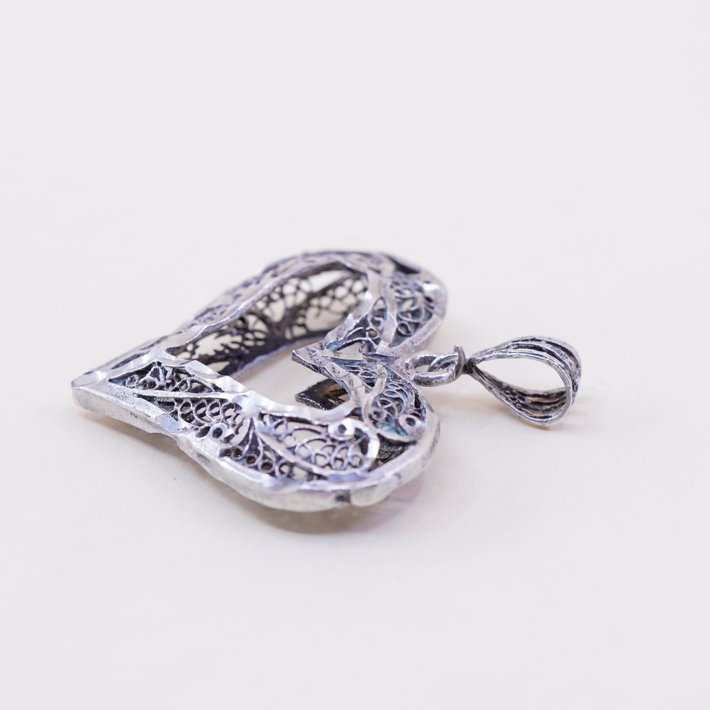 vintage sterling silver handmade pendant, 925 filigree heart