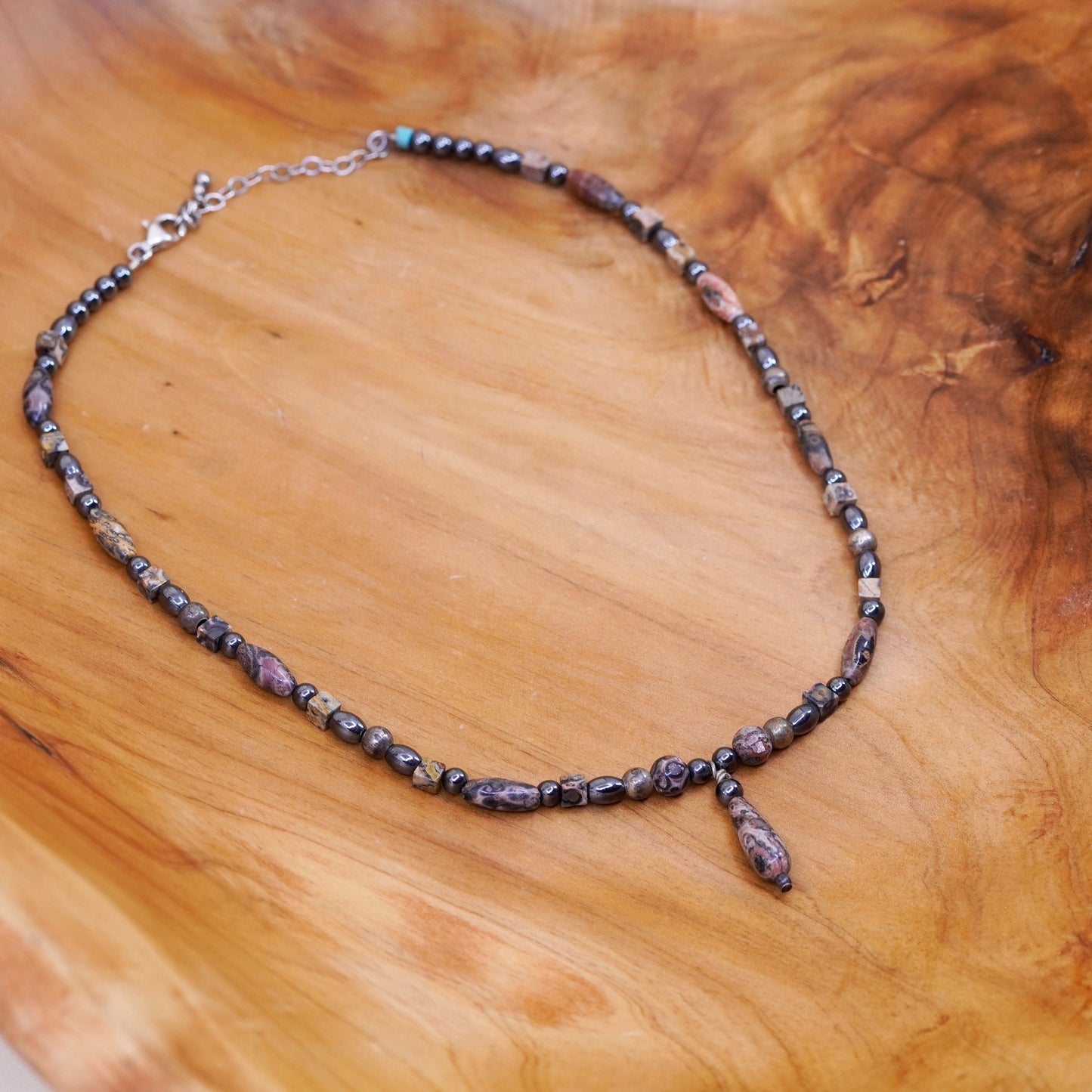 16+2”, vintage sterling 925 silver handmade chain necklace with hematite jasper