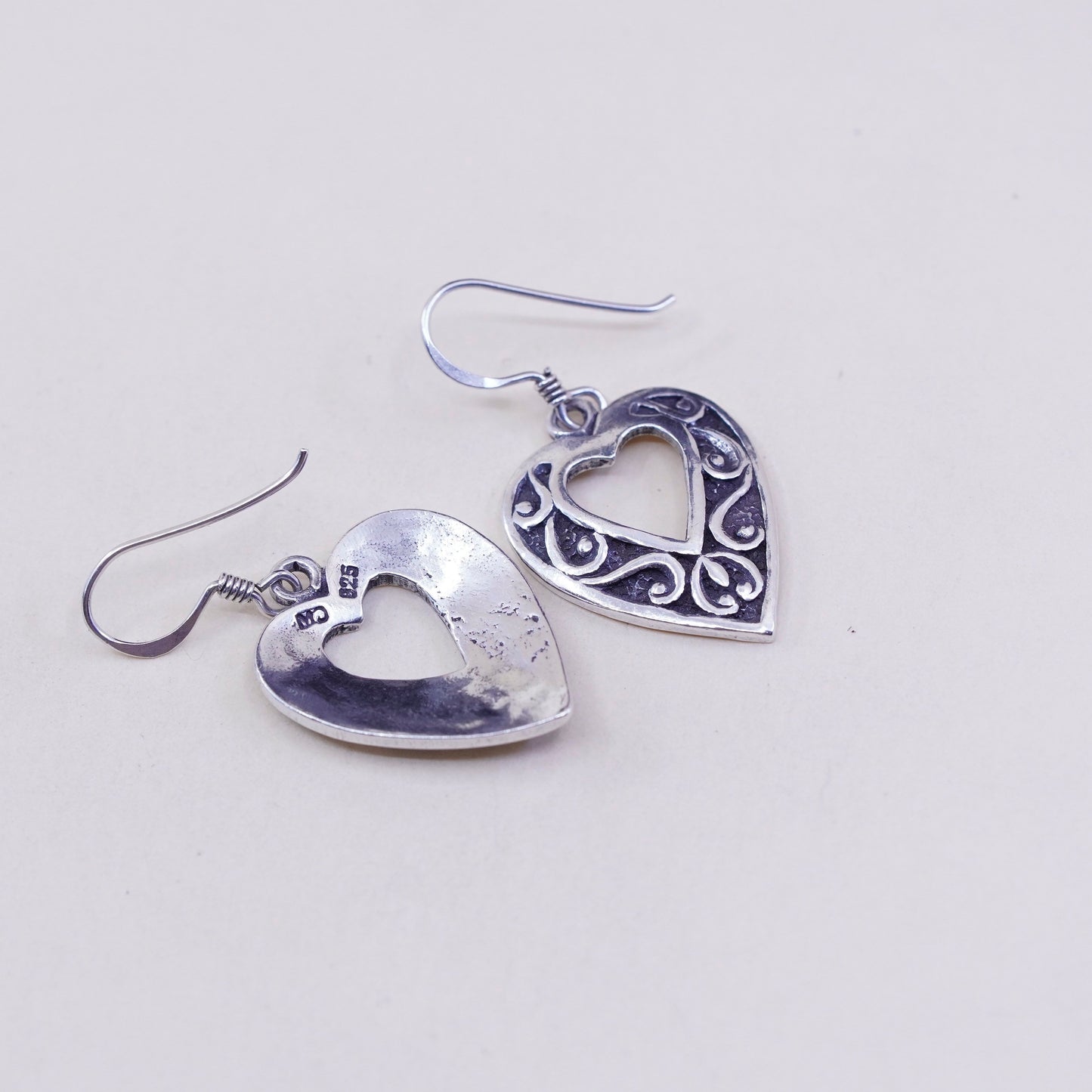 Vintage sterling silver handmade earrings, 925 heart with filigree embossed