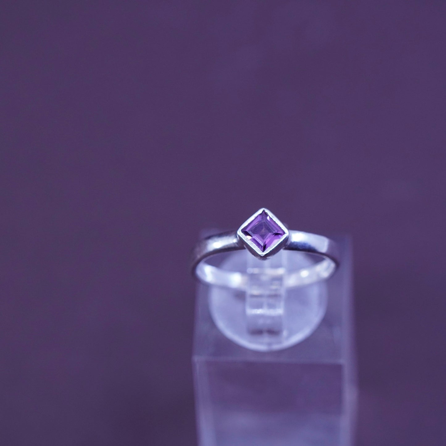 Size 7, Sterling 925 silver handmade stackable band ring with square amethyst
