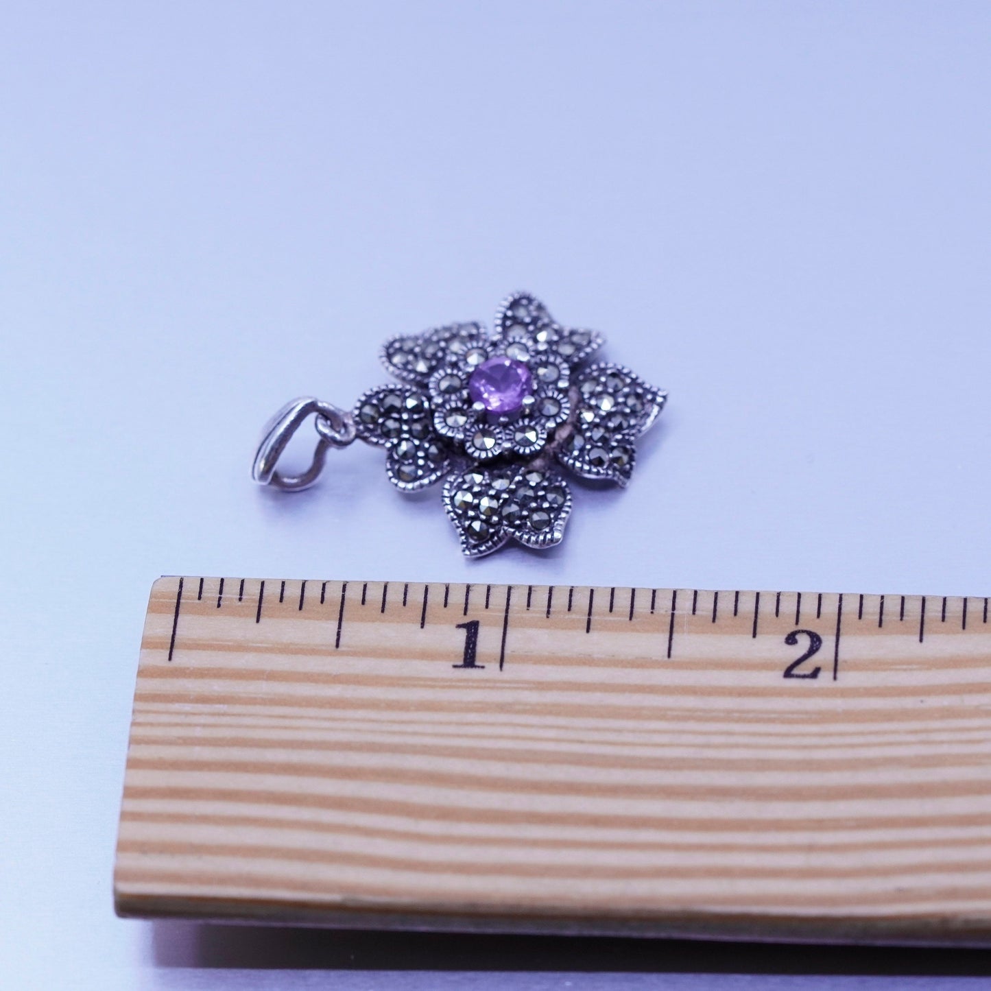 Antique Sterling silver handmade charm, 925 flower pendant Marcasite amethyst