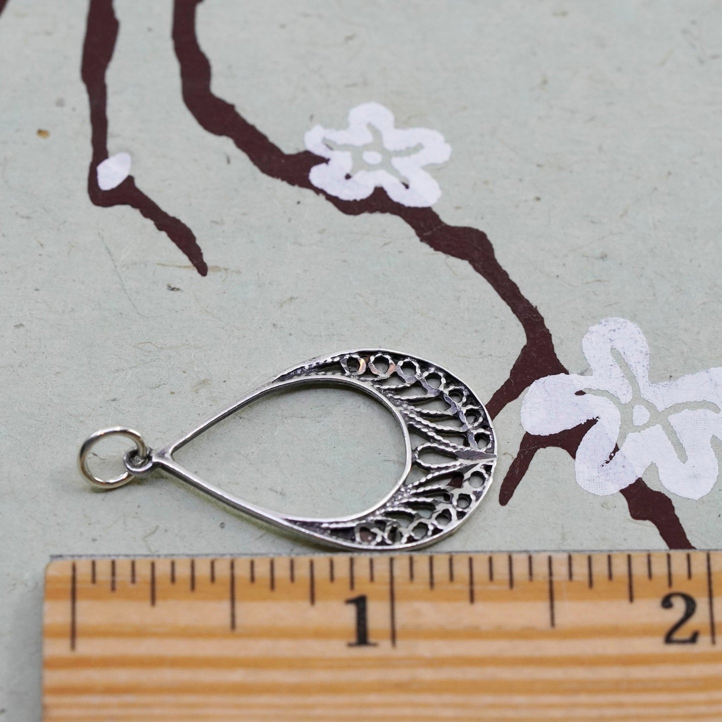 Vintage sterling silver handmade filigree pendant, 925 teardrop charm