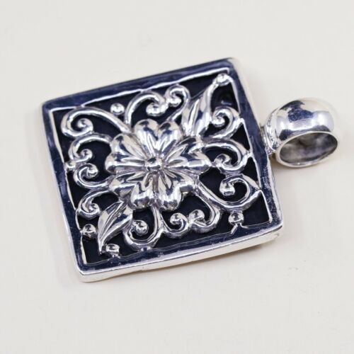 Vtg Sterling 925 Silver Handmade Square Pendant W/ Obsidian N Filigree Flower