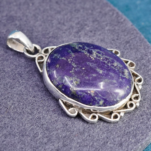 Vintage sterling 925 silver handmade pendant with oval lapis lazuli