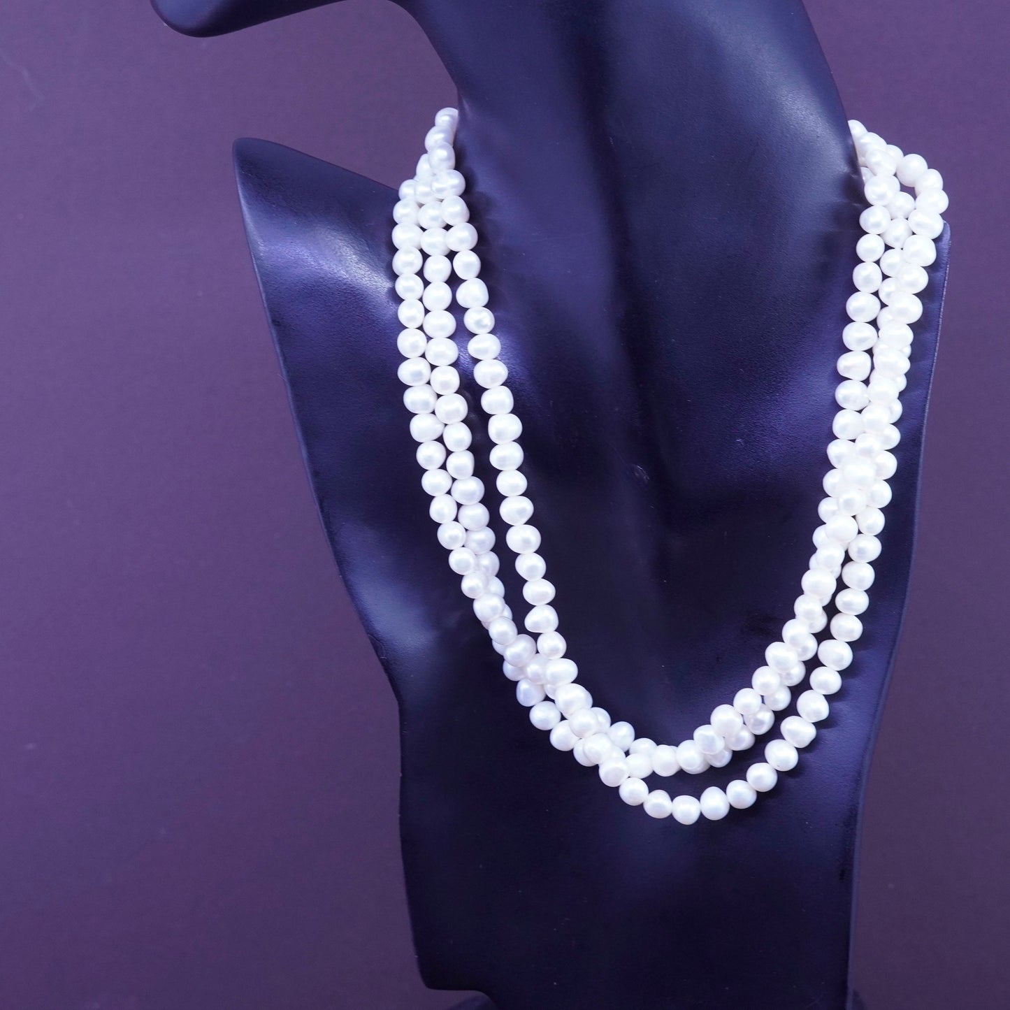 17+1”, triple strand pearl beads handmade necklace, Sterling 925 silver clasp