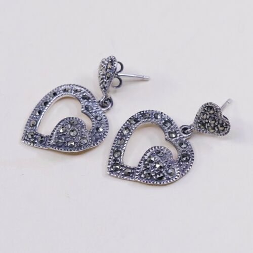 Vtg Sterling Silver Handmade Earrings, 925 Silver Heart Dangles W/ Marcasite