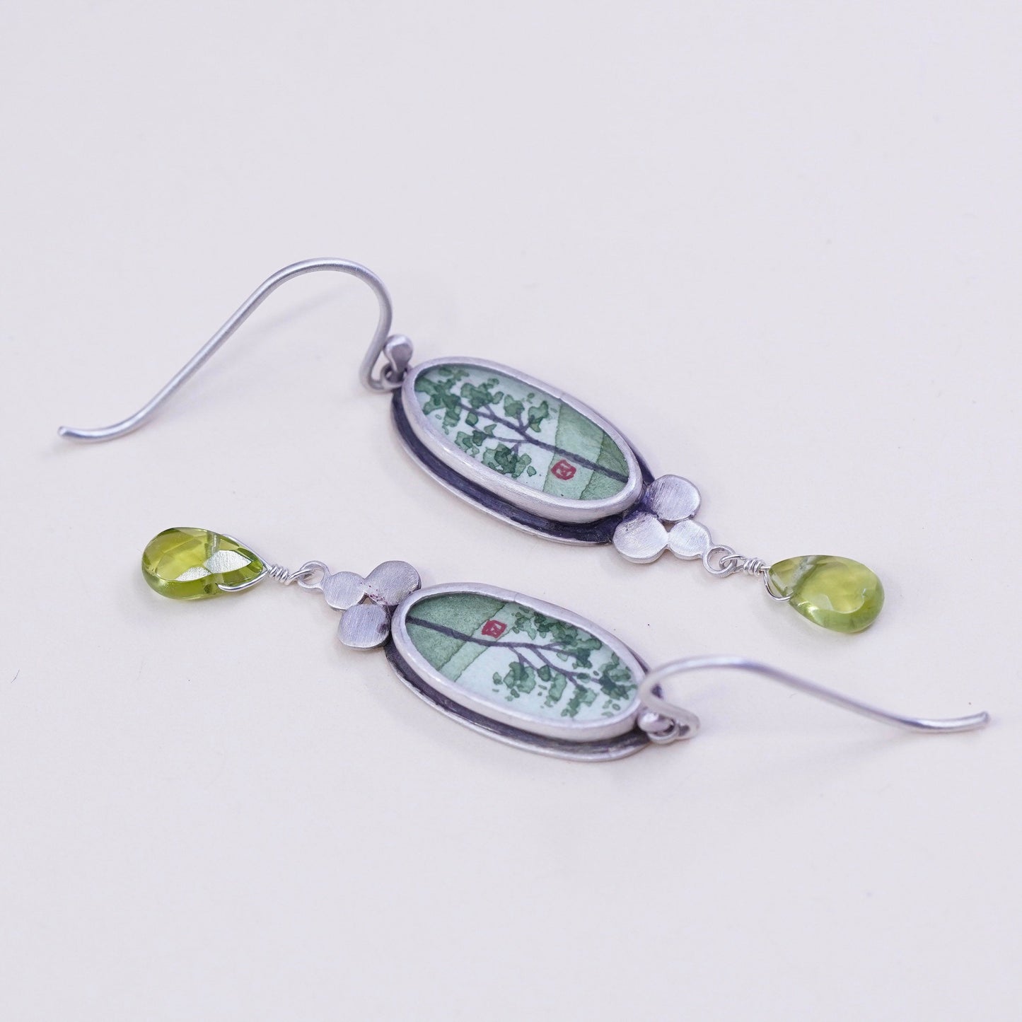 Designer Ananda KHALSA Sterling 925 silver handmade earrings, watercolor green spring maple and peridot drop, stamped 925 A