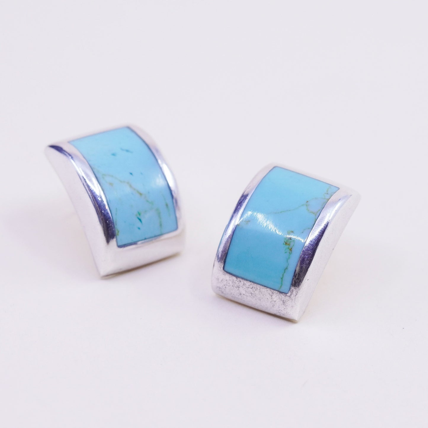 Vintage Sterling silver handmade earrings, Mexico 925 square studs w/ turquoise