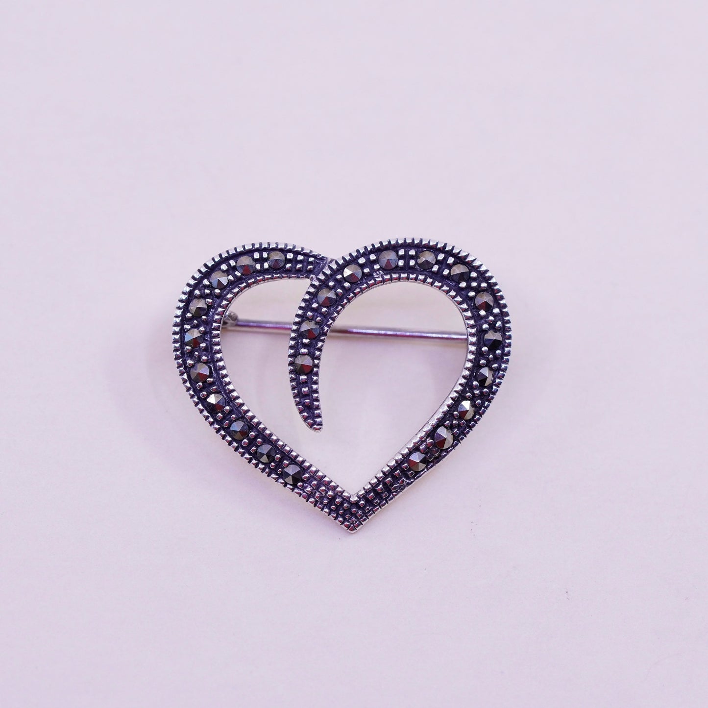 Vintage sterling silver handmade brooch, 925 heart with marcasite details