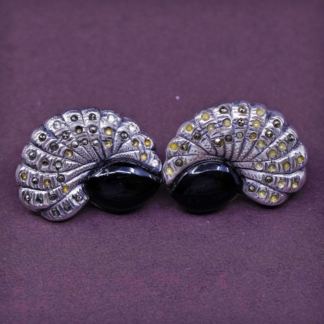 vtg Sterling silver handmade earrings, 925 shell w/ obsidian N marcasite