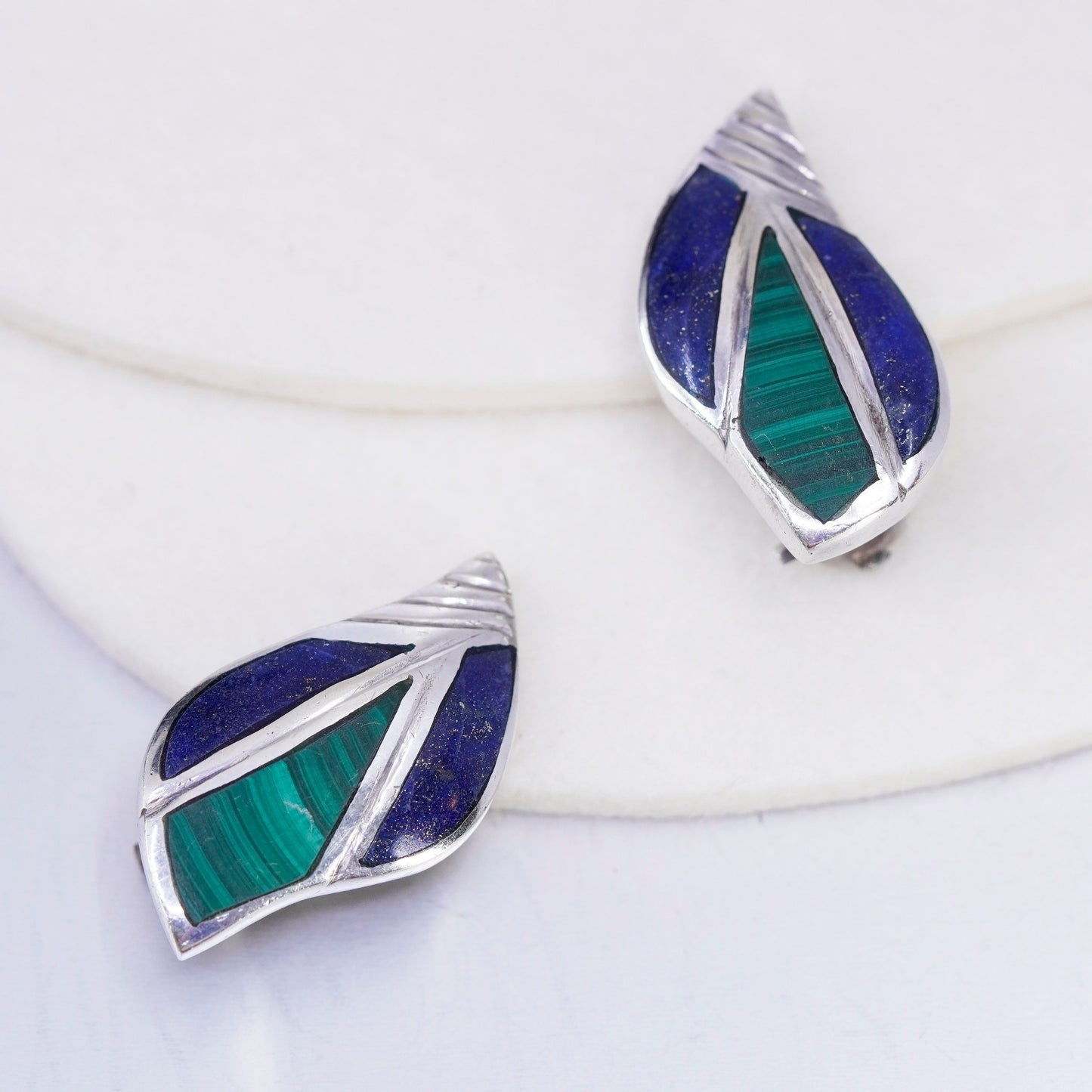 Sterling 925 silver handmade earrings, leafy clip on w/ malachite lapis lazuli