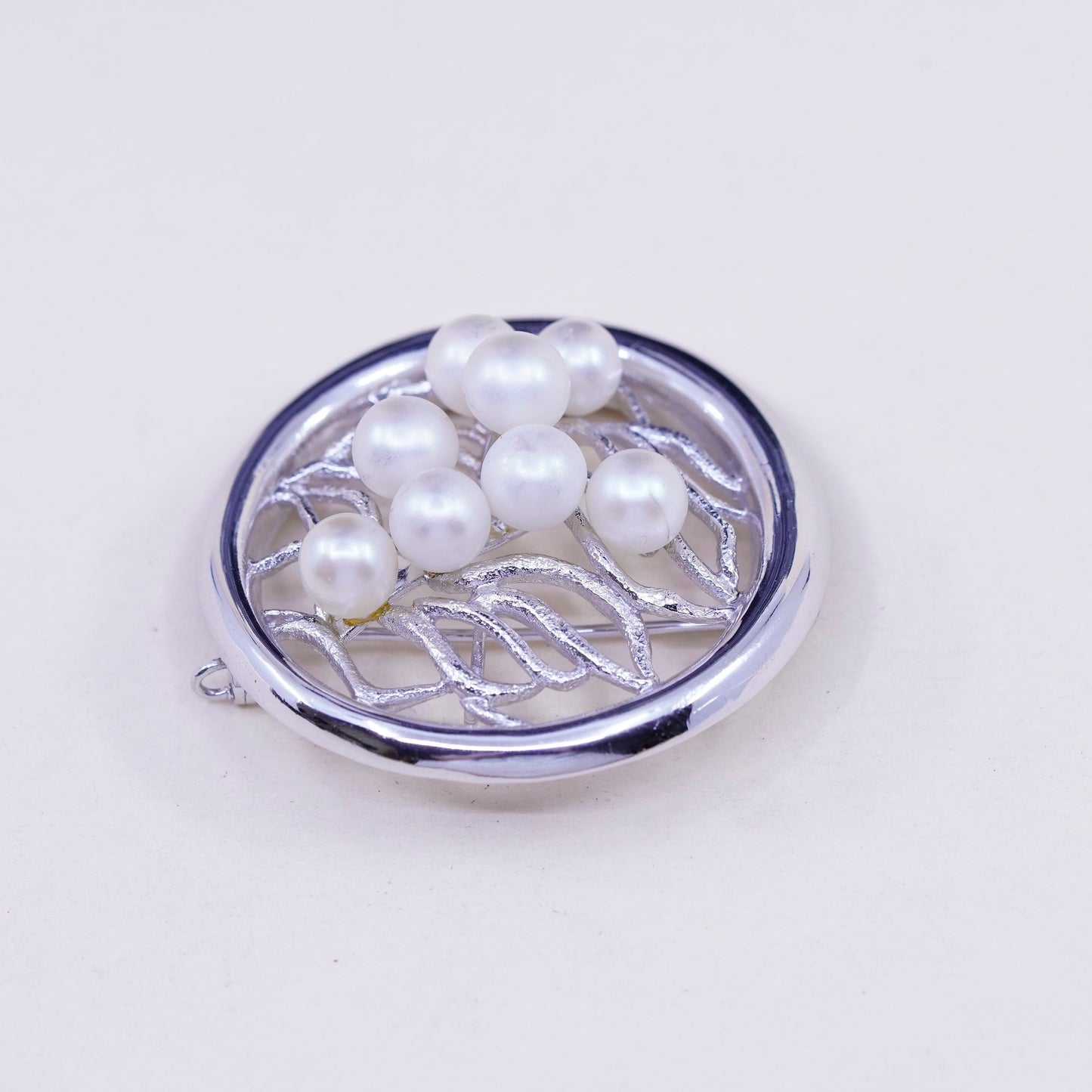 Vintage Sterling 925 silver handmade circle brooch pendant with cluster pearl