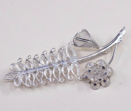 VTG Sterling Silver Handmade Filigree Flower Floral Leaves Leaf Brooch Pin