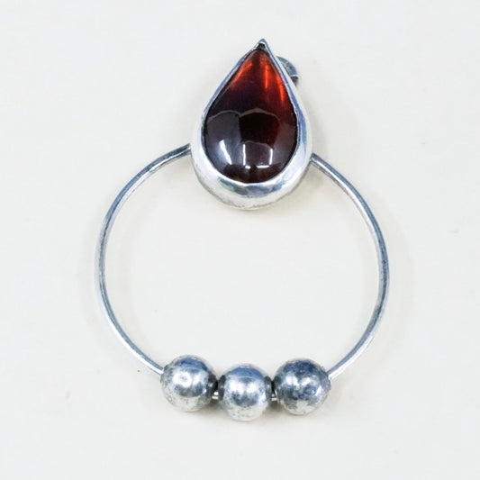 vintage Sterling silver handmade pendant, 925 circle with beads teardrop garnet