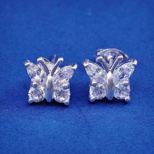 vtg Sterling silver handmade earrings, 925 butterfly studs w/ cz