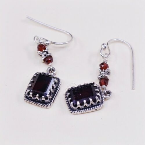 Vtg STERLING SILVER earrings with Oval ruby dangles stamped 925