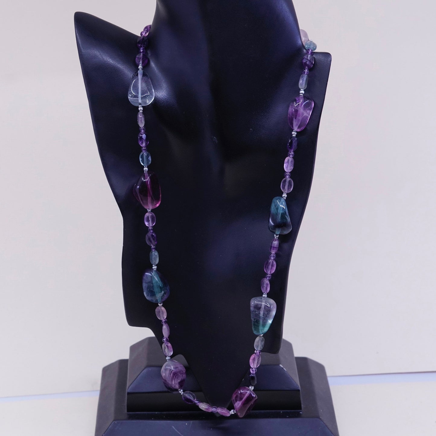 24”, Native American fluorite nugget and sterling 925 silver beads necklace