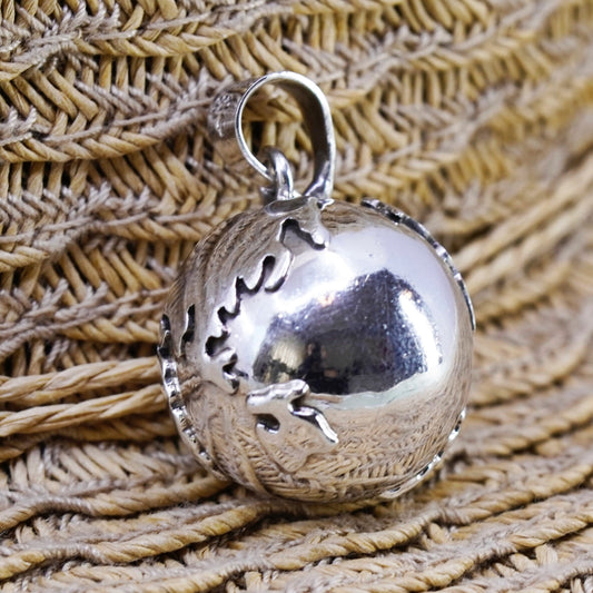 vtg Sterling silver handmade pendant, world map 925 harmony bell chime heart
