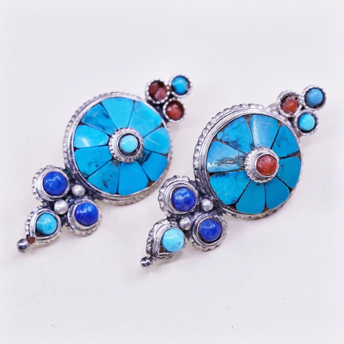 Native American Vintage handmade 925 Sterling earrings with turquoise coral