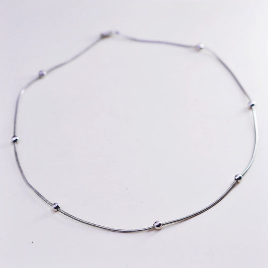 16”, 1mm, Vintage sterling silver snake chain with beads, Italy 925 necklace