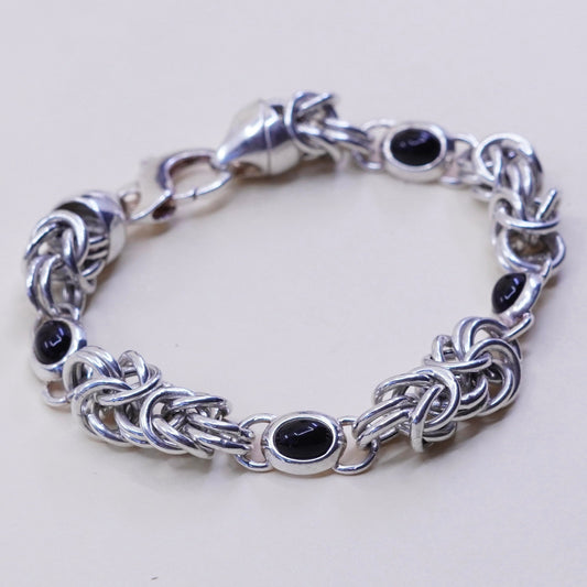 7”, Sterling silver handmade bracelet, 925 Byzantine, birdcage chain N obsidian