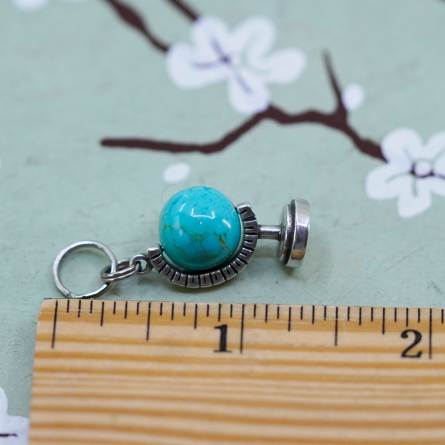 Vintage sterling silver handmade pendant, 925 globe charm with turquoise