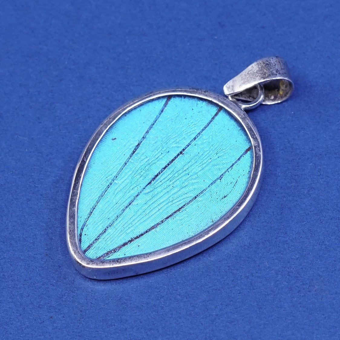 vtg Sterling silver handmade pendant, 925 w/ resin blue butterfly wing