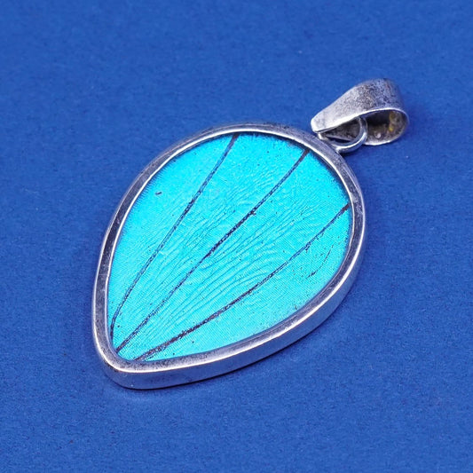 vtg Sterling silver handmade pendant, 925 w/ resin blue butterfly wing